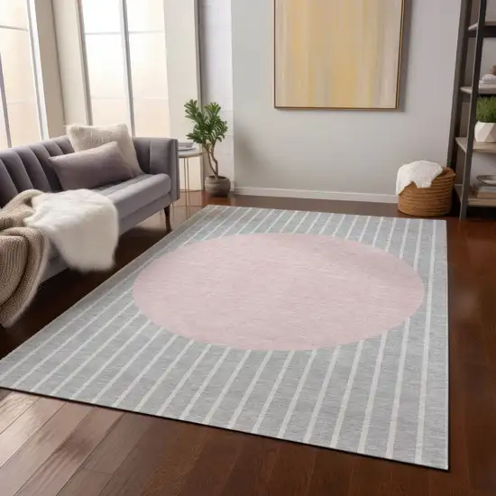 Silver And Pink Striped Washable Indoor Outdoor Area Rug Photo 8