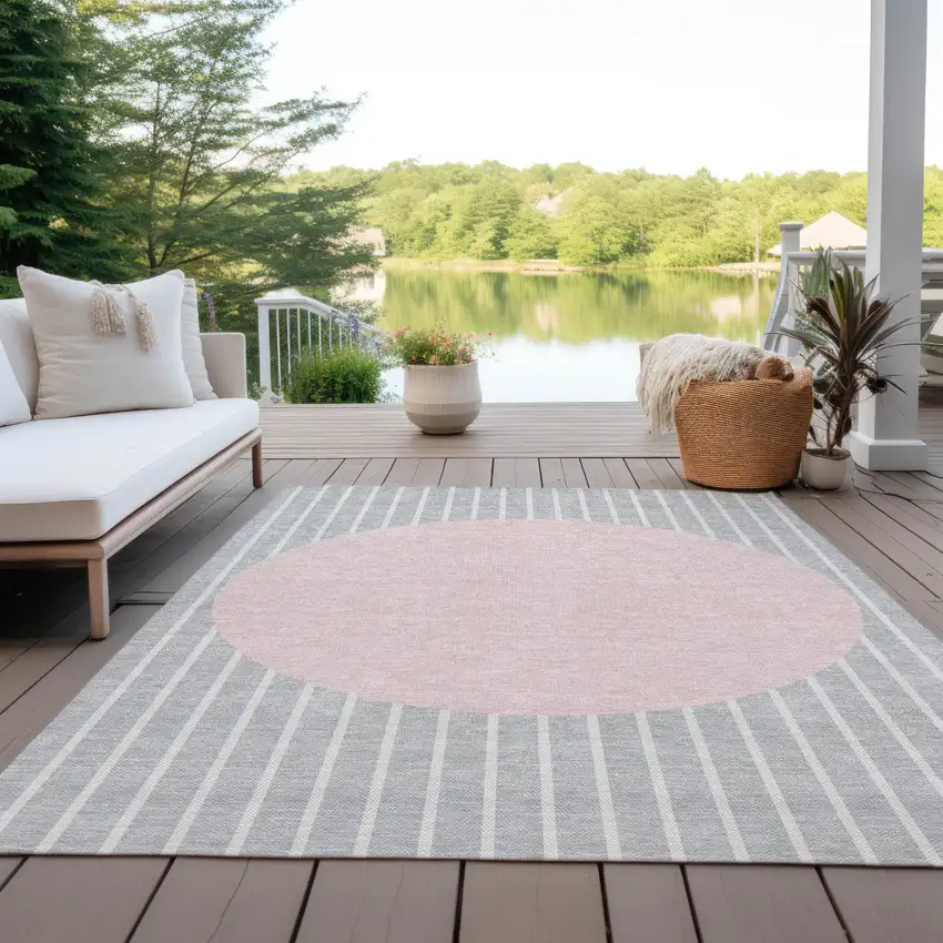 Silver And Pink Striped Washable Indoor Outdoor Area Rug Photo 9