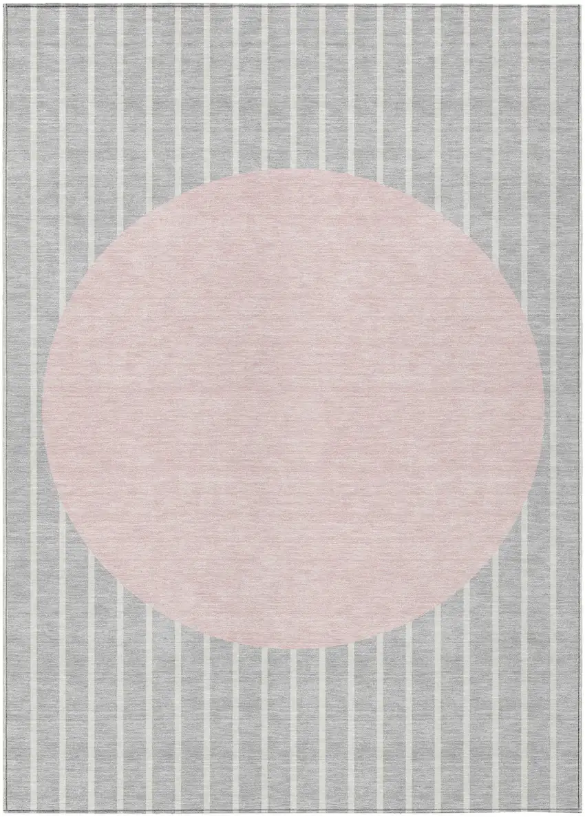 Silver And Pink Striped Washable Indoor Outdoor Area Rug Photo 2