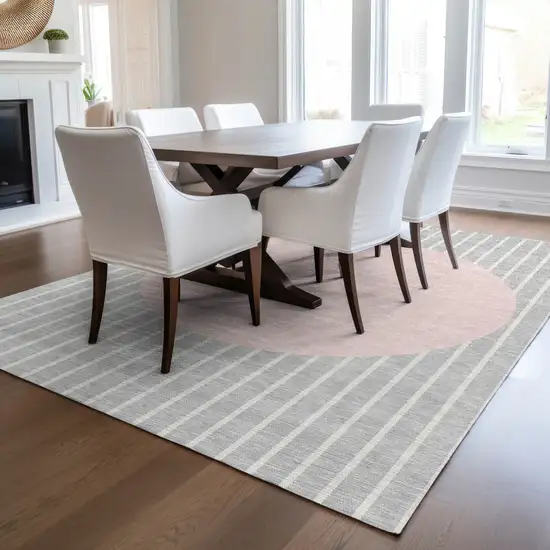 Silver And Pink Striped Washable Indoor Outdoor Area Rug Photo 9