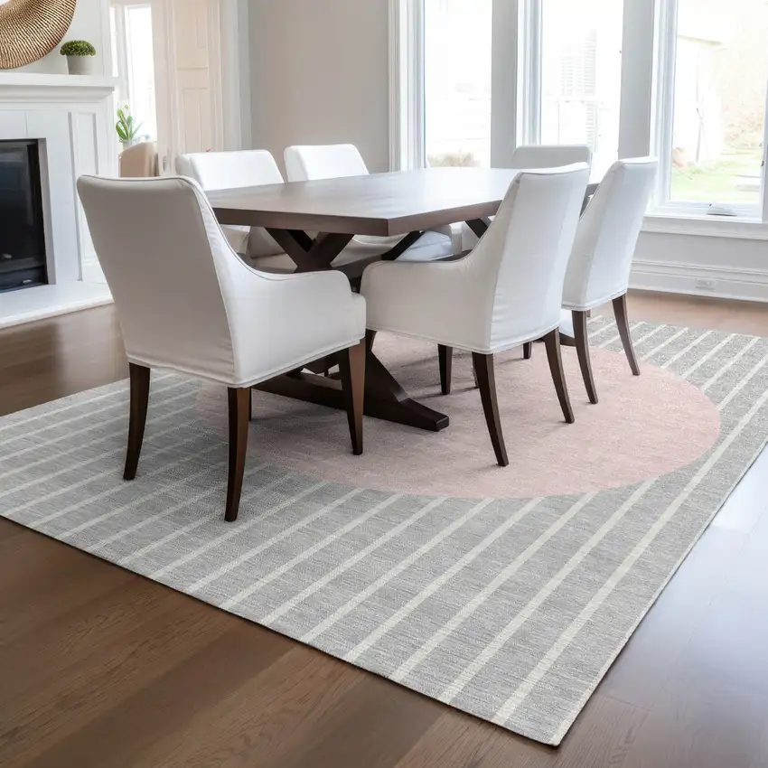 Silver And Pink Striped Washable Indoor Outdoor Area Rug Photo 9