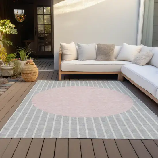 Silver And Pink Striped Washable Indoor Outdoor Area Rug Photo 7