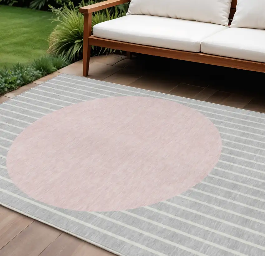 Silver And Pink Striped Washable Indoor Outdoor Area Rug Photo 1