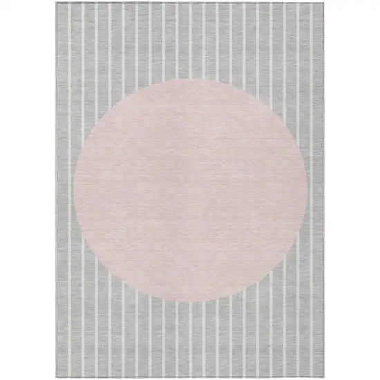 Silver And Pink Striped Washable Indoor Outdoor Area Rug Photo 2