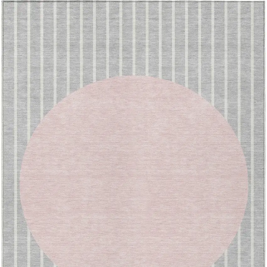 Silver And Pink Striped Washable Indoor Outdoor Area Rug Photo 6