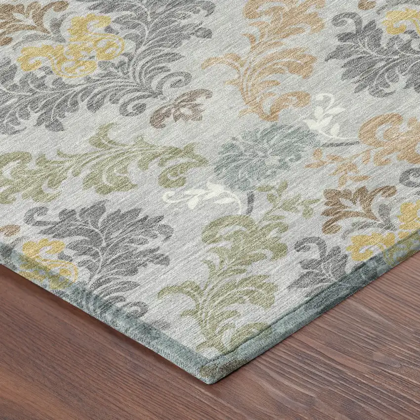 Silver And Sage Damask Washable Indoor Outdoor Area Rug Photo 8