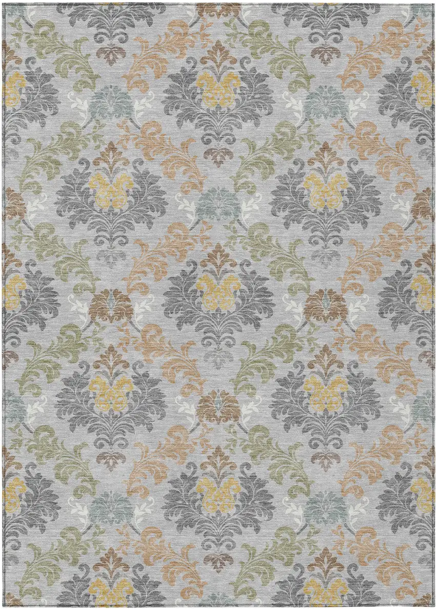 Silver And Sage Damask Washable Indoor Outdoor Area Rug Photo 1