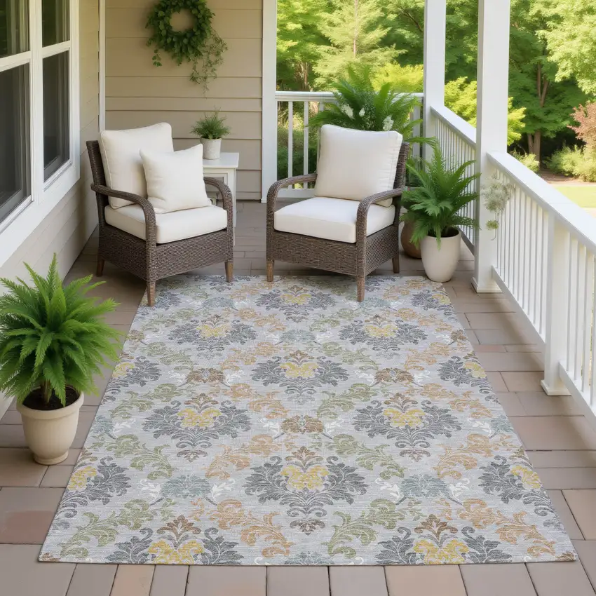 Silver And Sage Damask Washable Indoor Outdoor Area Rug Photo 7