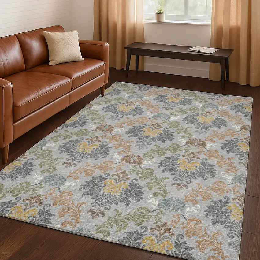 Silver And Sage Damask Washable Indoor Outdoor Area Rug Photo 5