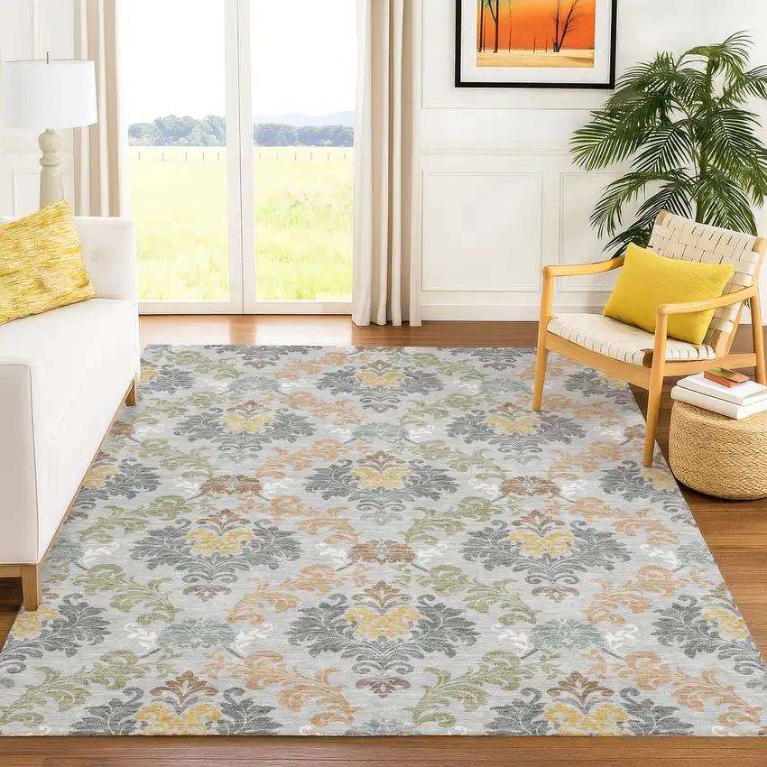 Silver And Sage Damask Washable Indoor Outdoor Area Rug Photo 6