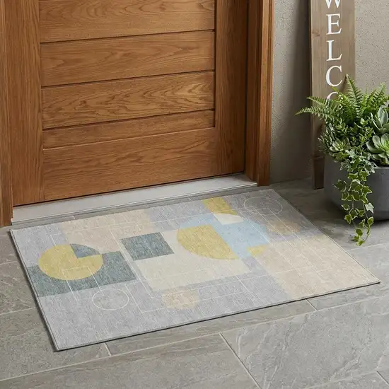 Silver And Sky Blue Geometric Washable Indoor Outdoor Area Rug Photo 1