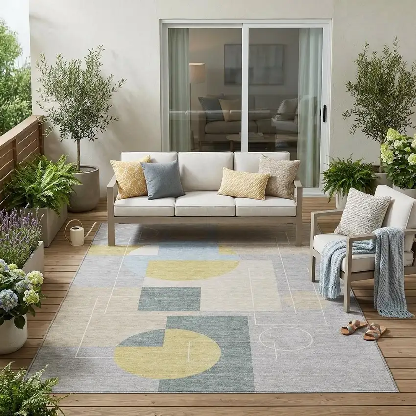 Silver And Sky Blue Geometric Washable Indoor Outdoor Area Rug Photo 1