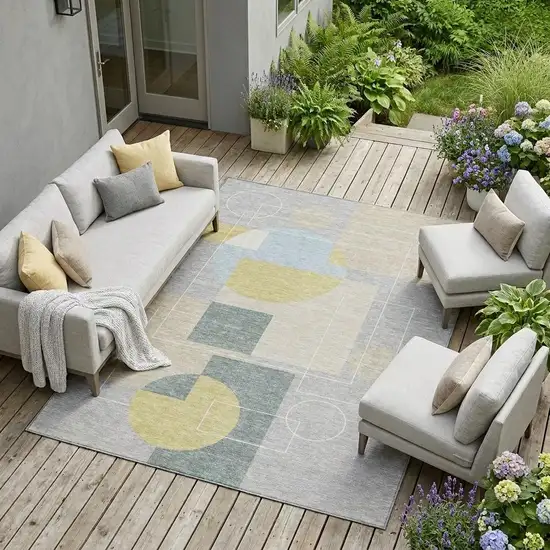 Silver And Sky Blue Geometric Washable Indoor Outdoor Area Rug Photo 1
