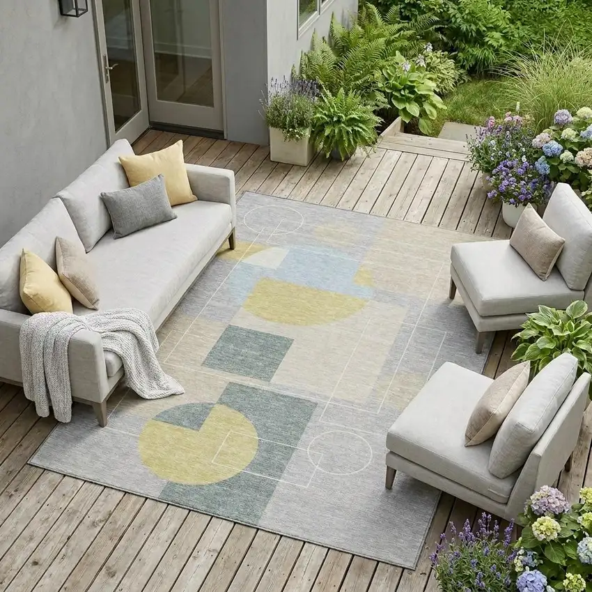Silver And Sky Blue Geometric Washable Indoor Outdoor Area Rug Photo 1