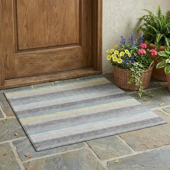 Silver And Taupe Striped Washable Indoor Outdoor Area Rug Photo 1