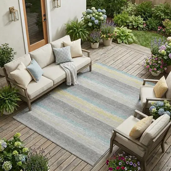 Silver And Taupe Striped Washable Indoor Outdoor Area Rug Photo 1