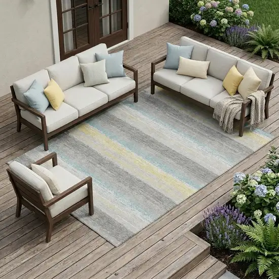 Silver And Taupe Striped Washable Indoor Outdoor Area Rug Photo 1