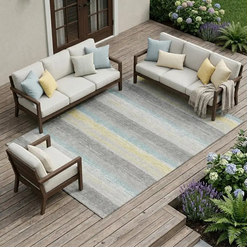 Silver And Taupe Striped Washable Indoor Outdoor Area Rug Photo 1