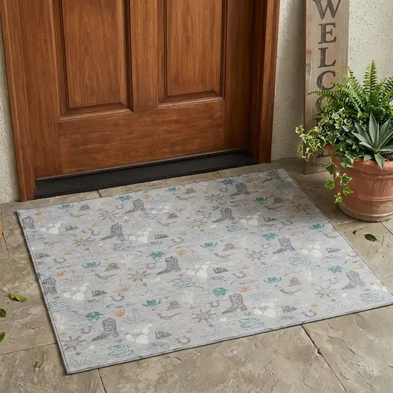 Silver And Teal Blue Cactus Washable Indoor Outdoor Area Rug Photo 1