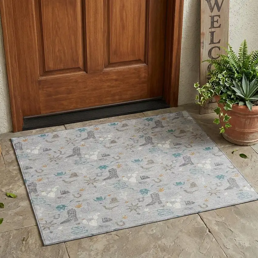 Silver And Teal Blue Cactus Washable Indoor Outdoor Area Rug Photo 1