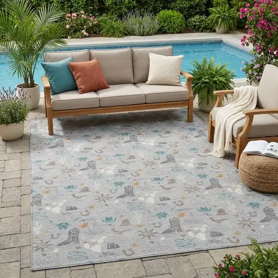 Silver And Teal Blue Cactus Washable Indoor Outdoor Area Rug Photo 1