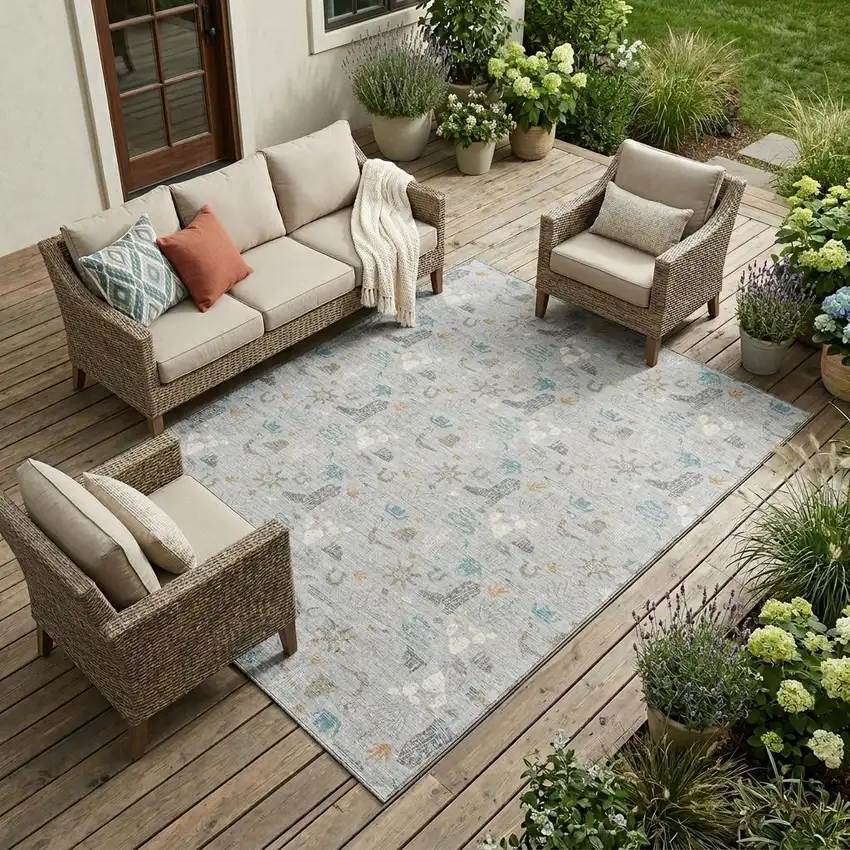 Silver And Teal Blue Cactus Washable Indoor Outdoor Area Rug Photo 1