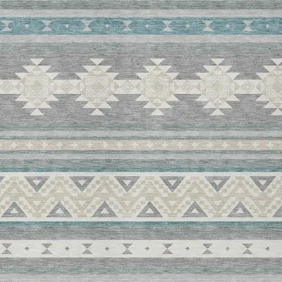 Silver And Teal Blue Southwestern Washable Indoor Outdoor Area Rug Photo 3