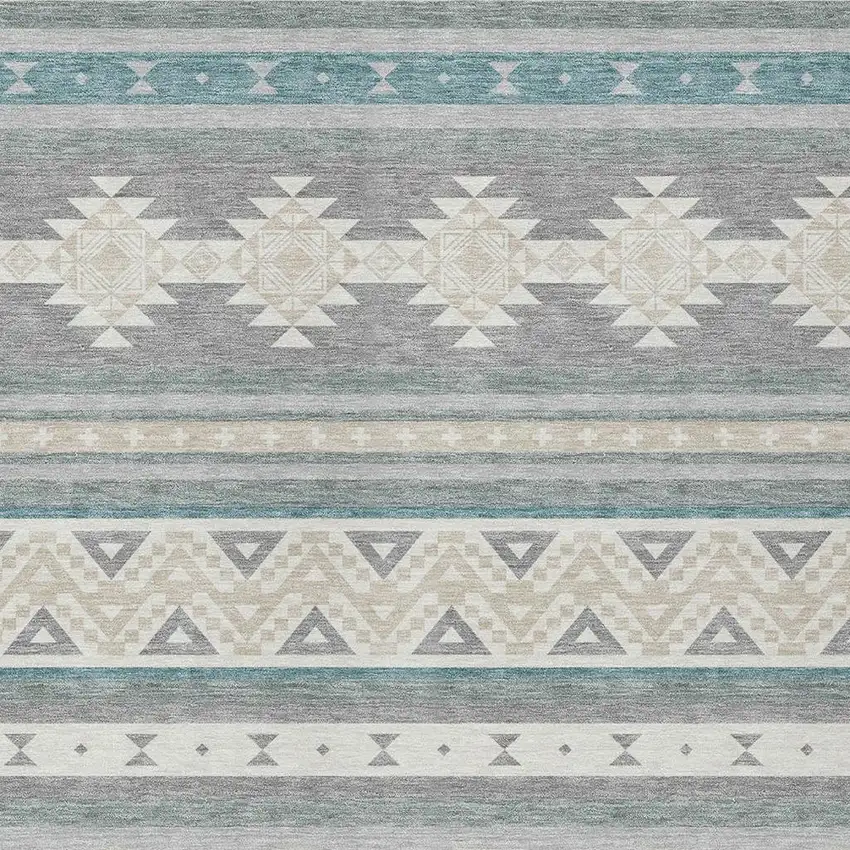 Silver And Teal Blue Southwestern Washable Indoor Outdoor Area Rug Photo 3