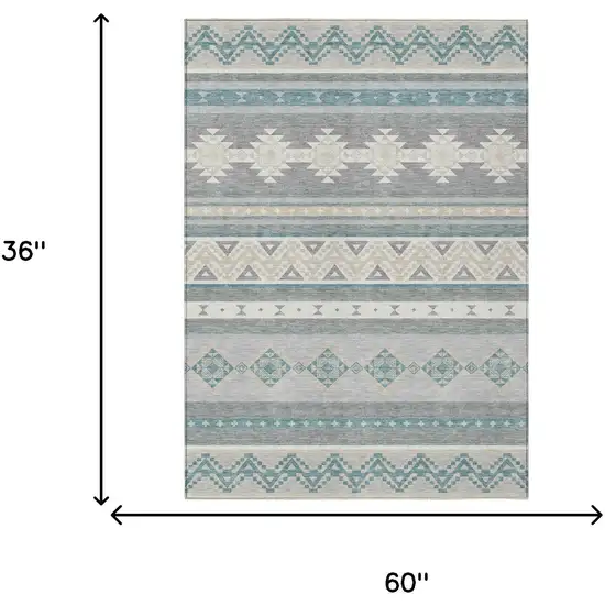 Silver And Teal Blue Southwestern Washable Indoor Outdoor Area Rug Photo 7