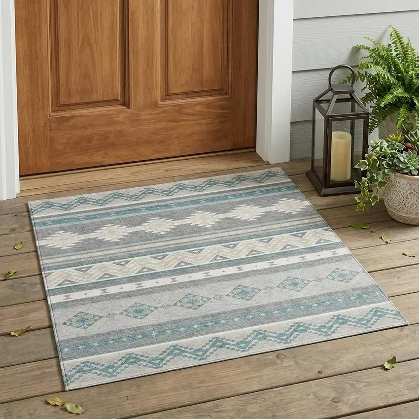 Silver And Teal Blue Southwestern Washable Indoor Outdoor Area Rug Photo 1