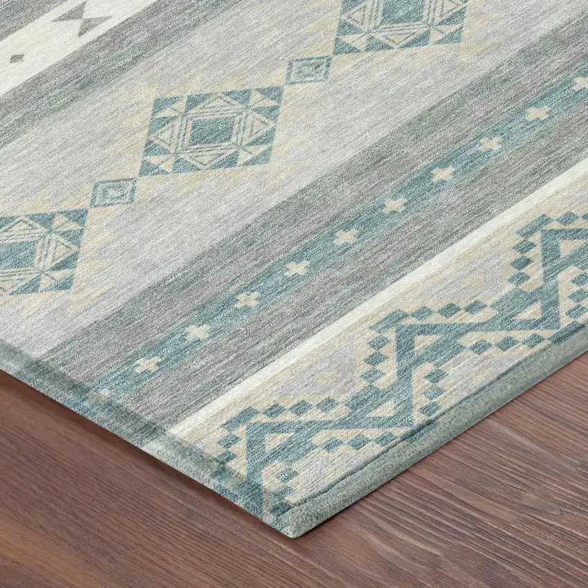 Silver And Teal Blue Southwestern Washable Indoor Outdoor Area Rug Photo 5
