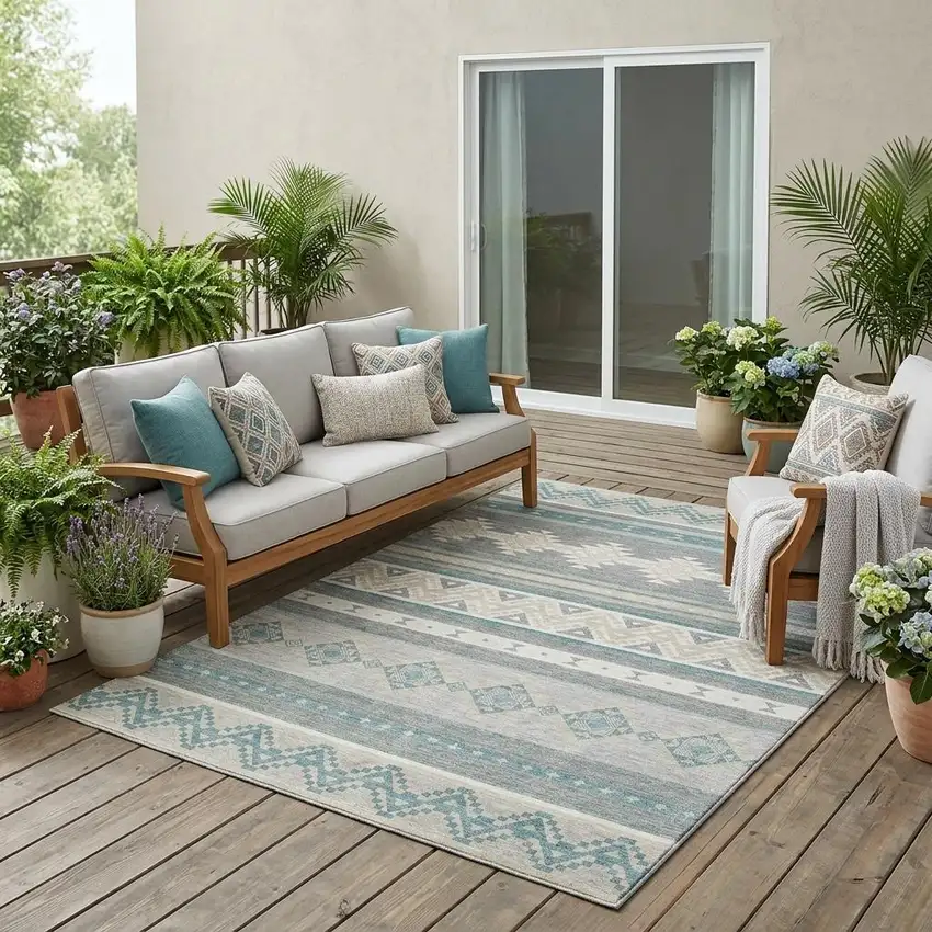 Silver And Teal Blue Southwestern Washable Indoor Outdoor Area Rug Photo 1