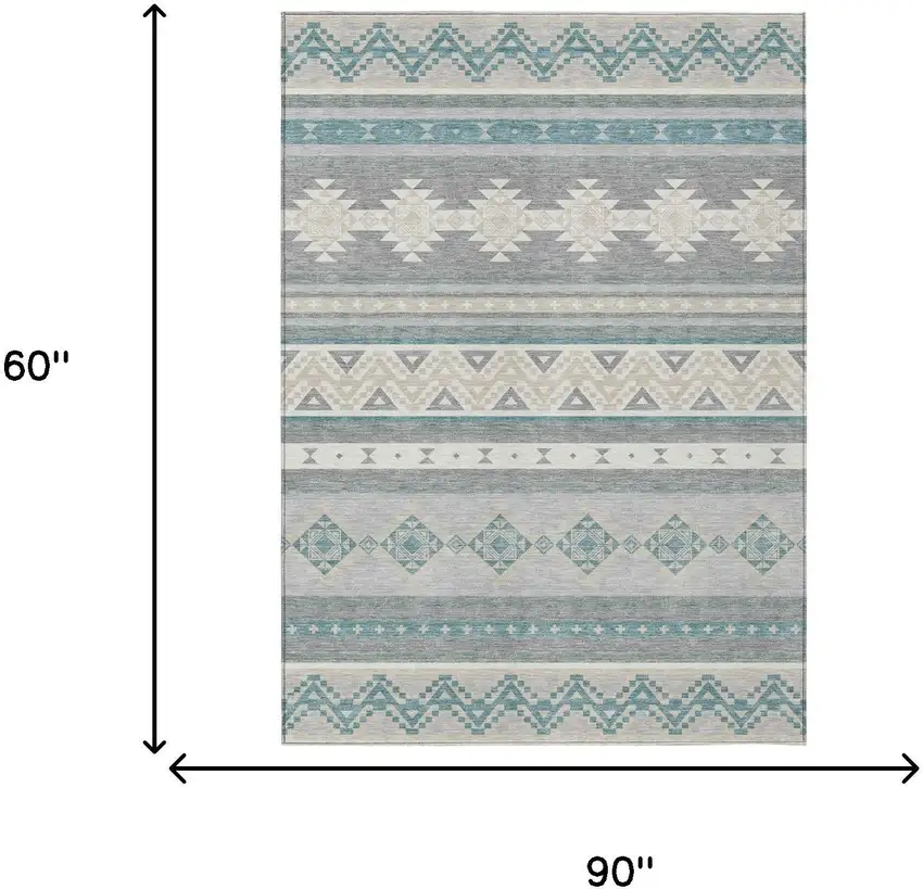 Silver And Teal Blue Southwestern Washable Indoor Outdoor Area Rug Photo 7