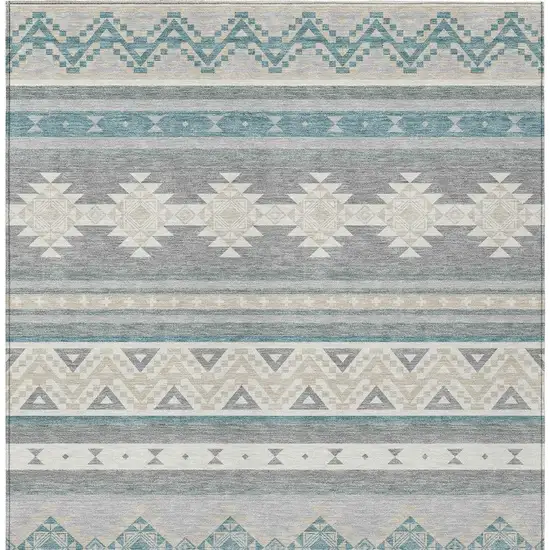 Silver And Teal Blue Southwestern Washable Indoor Outdoor Area Rug Photo 4