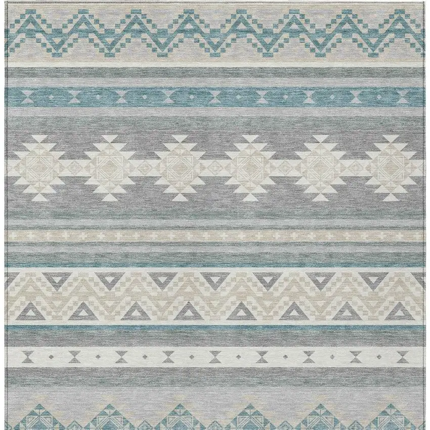 Silver And Teal Blue Southwestern Washable Indoor Outdoor Area Rug Photo 4