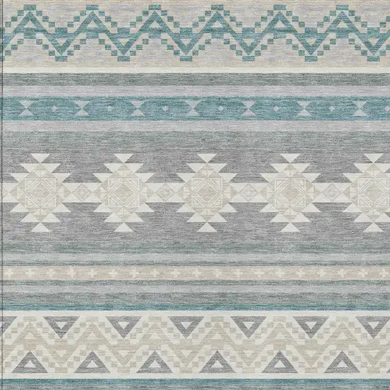 Silver And Teal Blue Southwestern Washable Indoor Outdoor Area Rug Photo 3