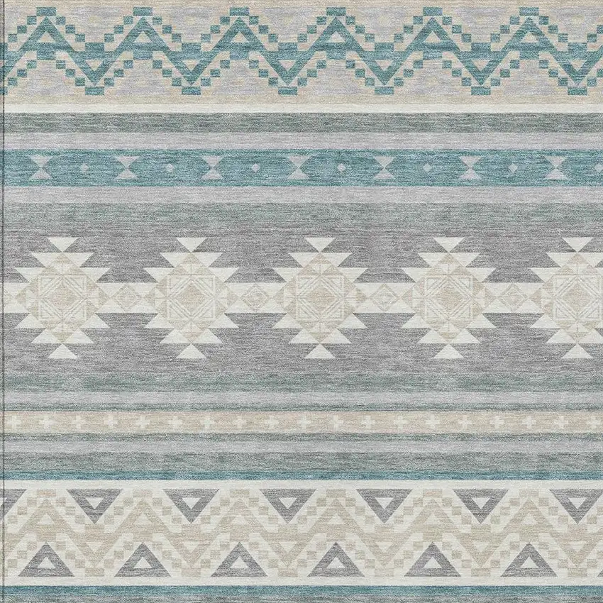 Silver And Teal Blue Southwestern Washable Indoor Outdoor Area Rug Photo 3