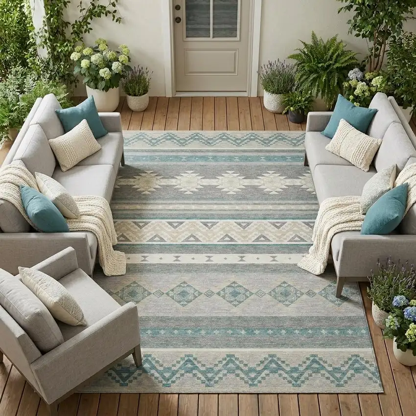 Silver And Teal Blue Southwestern Washable Indoor Outdoor Area Rug Photo 1