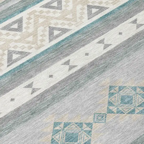 Silver And Teal Blue Southwestern Washable Indoor Outdoor Area Rug Photo 6