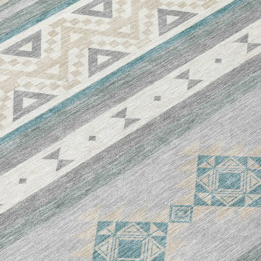 Silver And Teal Blue Southwestern Washable Indoor Outdoor Area Rug Photo 6