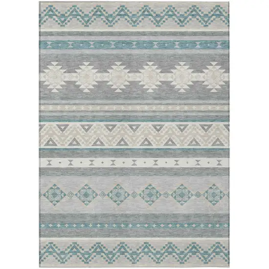 Silver And Teal Blue Southwestern Washable Indoor Outdoor Area Rug Photo 2