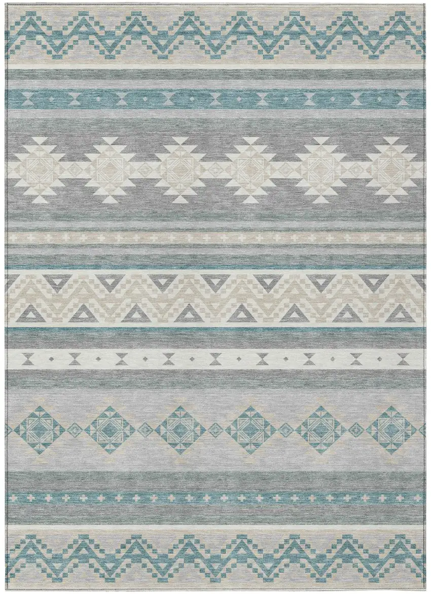 Silver And Teal Blue Southwestern Washable Indoor Outdoor Area Rug Photo 2