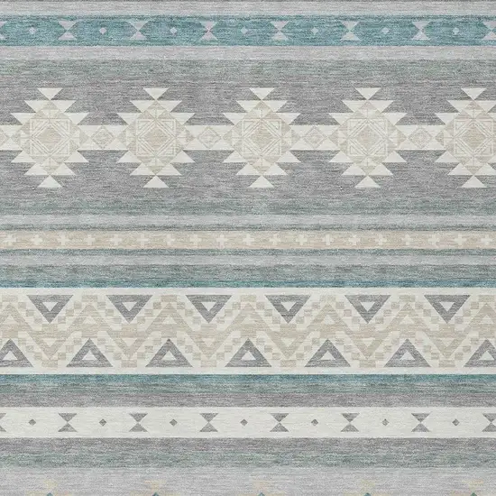 Silver And Teal Blue Southwestern Washable Indoor Outdoor Area Rug Photo 3