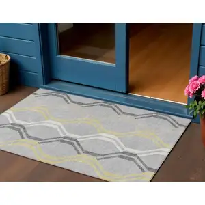 Photo of Silver Beige And Charcoal Geometric Washable Indoor Outdoor Area Rug