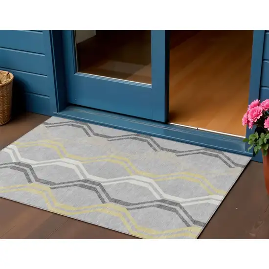 Silver Beige And Charcoal Geometric Washable Indoor Outdoor Area Rug Photo 1
