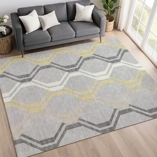 Silver Beige And Charcoal Geometric Washable Indoor Outdoor Area Rug Photo 9