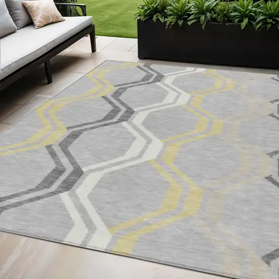 Silver Beige And Charcoal Geometric Washable Indoor Outdoor Area Rug Photo 1