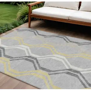 Photo of Silver Beige And Charcoal Geometric Washable Indoor Outdoor Area Rug