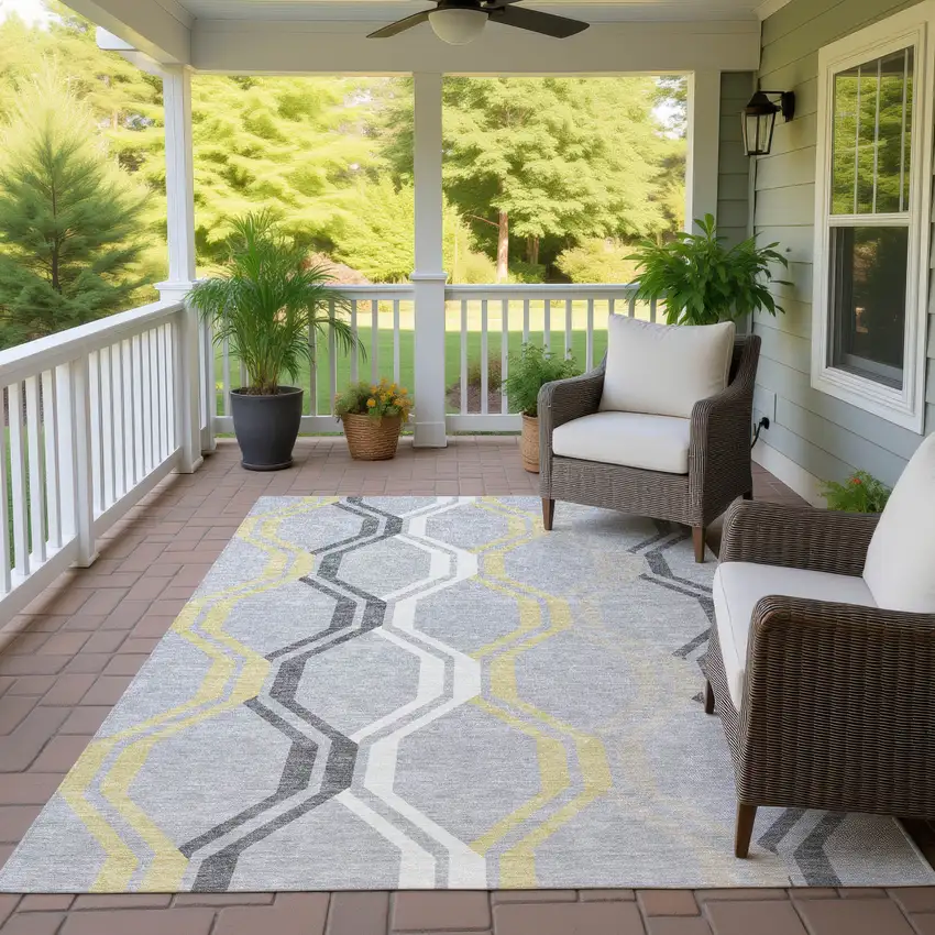 Silver Beige And Charcoal Geometric Washable Indoor Outdoor Area Rug Photo 9