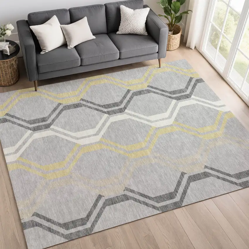 Silver Beige And Charcoal Geometric Washable Indoor Outdoor Area Rug Photo 9